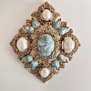 Vintage Sarah Coventry Brooch Pin Pendant Faux Pearls Turquoise Stones Gold Tone